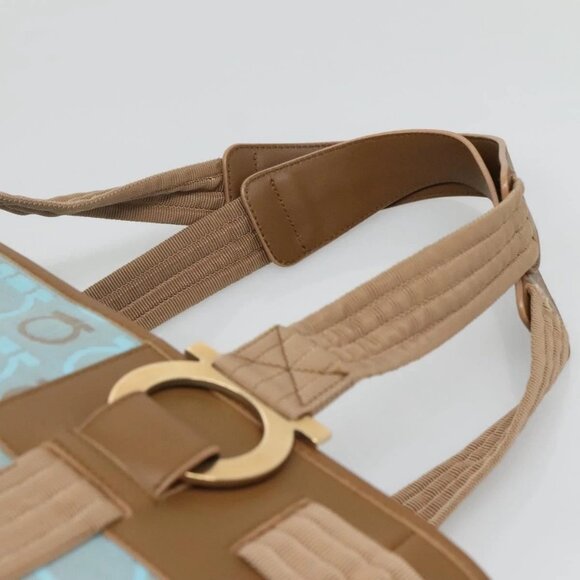 Salvatore Ferragamo Gancini Tote Bag Canvas Leather Light Blue Gold Auth gh706 - Picture 12 of 16